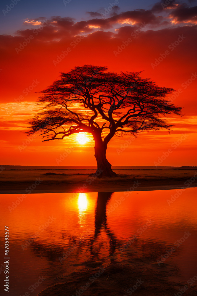 Poster Tree is silhouetted against sunset over body of water.