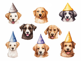 Obraz premium Cute dogs portraits with party hats in style of watercolor on white background