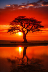 Tree is silhouetted against sunset over body of water.