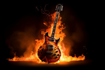 An Electric Guitar Ignites on a Fiery Background, Creating an Explosive and Captivating Image