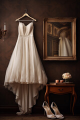 Fototapeta na wymiar wedding dress hanging in the wardrobe