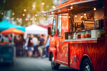 A Food Truck Brings Culinary Delights to the Heart of the City, Creating a Festive Atmosphere. Selective Focus Highlights the Delicious Offerings