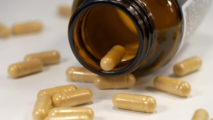 Yellow capsules scattered on the table and open glass jar for capsules. Overdose theme