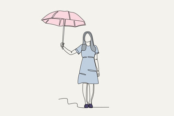 Color illustration of a woman holding an umbrella. Umbrella one-line drawing