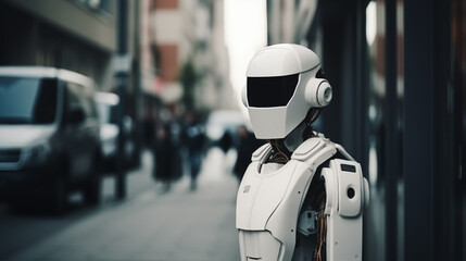Futuristic human-robot among people in the street. 