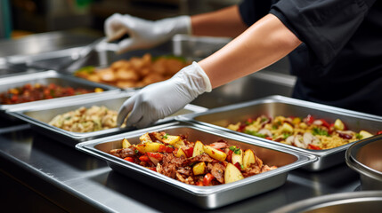 The chef in restaurant kitchen finishes the food ready for delivery in takeaway packages