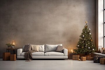 minimalist living room christmas interior with christmas tree and gift boxes
