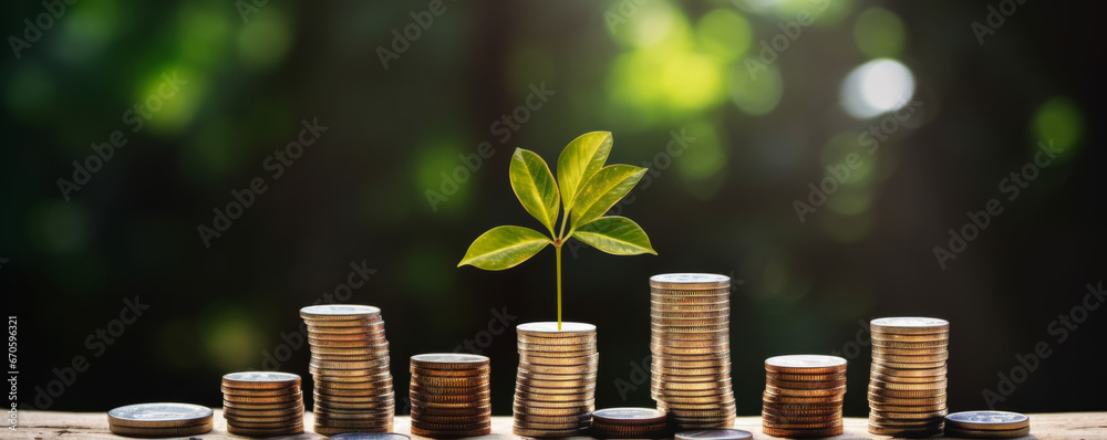 Wall mural a seedling growing on a pile of coins has a natural backdrop, blurry green, money-saving ideas, and 