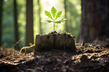 A Young Tree Emerging from the Hollow of an Old Tree Stump, Symbolizing the Continuity of Nature's Cycle Renewal of Life