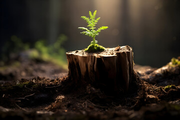 A Young Tree Emerging from the Hollow of an Old Tree Stump, Symbolizing the Continuity of Nature's Cycle Renewal of Life