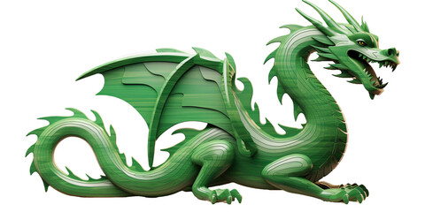 Fototapeta premium Green wooden dragon isolated on white transparent background, Symbol of New Year 2024 according to the Chinese calendar