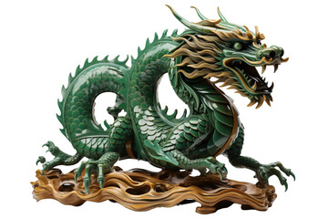 Green wooden dragon isolated on white transparent background, Symbol of New Year 2024 according to the Chinese calendar