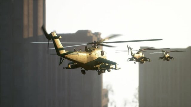 military helicopters fly in the city among skyscrapers. 3d animation