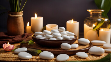 Massage stones, spa concept candles