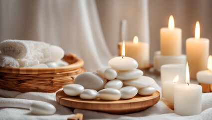 Fototapeta na wymiar Massage stones, spa concept candles