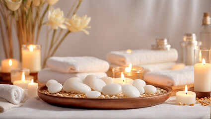 Obraz na płótnie Canvas Massage stones, spa concept candles