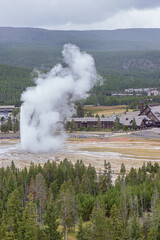Fototapeta premium Above the eruption of Old Faithful, seen from the observation point above the geyser