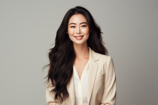 Picture of a pretty Asian lady with long black hair, dressed in a beige suit, feeling happy and looking directly at the camera, set against a white background. Generative AI