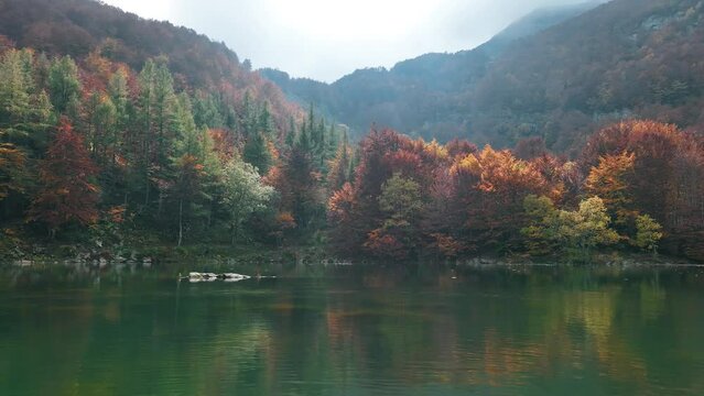 sorvolo di lago in autunno con foliage nelle alpi