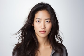 Photo of a graceful Asian lady with an expressive face, her emotions shining on a white clean background. Generative AI
