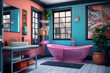A pop art bathroom with a bright bathtub, walls and retro-style furniture. 