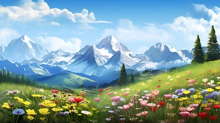 Foto op Plexiglas A Field of Flowers and Majestic Mountains,Alpine Paradise: Scenic Landscape with Colorful Flowers,alpine meadow in the mountains,AI Generative  © liza