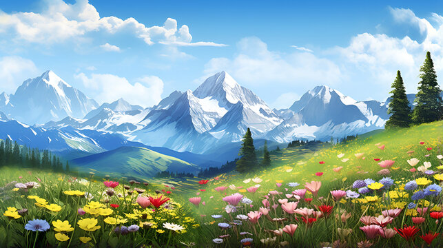 A Field of Flowers and Majestic Mountains,Alpine Paradise: Scenic Landscape with Colorful Flowers,alpine meadow in the mountains,AI Generative 