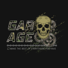 Khaki green camouflage label with human skull, gears, bike chain, rivets. Dark scary gothic illustration in steampunk style. For apparel, fabric, textile, sport goods. Not AI
