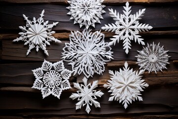 A collection of intricate handmade paper snowflakes, carefully crafted and displayed against a rustic wooden background