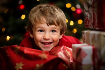Fototapeta na wymiar A bright-eyed child filled with anticipation and joy, eagerly peeking into a colorful Christmas gift bag under a beautifully decorated tree