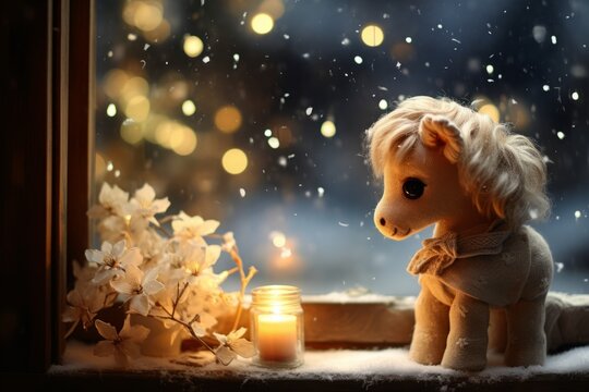 A charming toy wooden horse perched on a frosty windowsill, bathed in the soft glow of Christmas lights reflecting off the snowy landscape outside