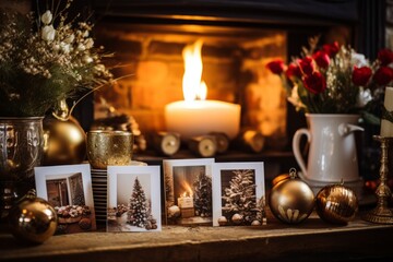 A Collection of Beautifully Crafted Christmas Postcards Displayed on a Rustic Wooden Mantel, Illuminated by the Warm Glow of Fireplace - obrazy, fototapety, plakaty