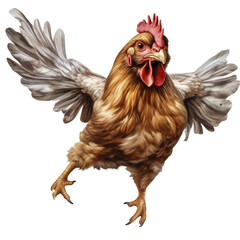 cute chicken jumps and laughs on isolated transparent background - obrazy, fototapety, plakaty