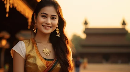 Deurstickers A beautiful young woman in Burmese national costume stands and smiles looking at the camera. © somchai20162516