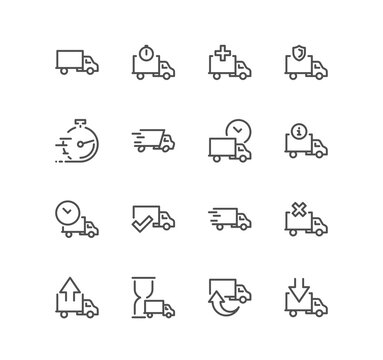 Set of truck delivery related icons, supply, door to door delivery, contactless delivery, express shipping and linear variety symbols.	
