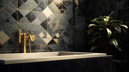 a mosaic tile pattern with intricate geometric details and a glossy finish for a dynamic, artistic statement.
