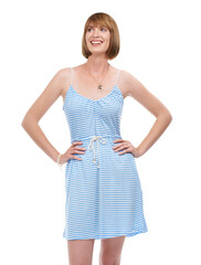 Woman, hands on hips and happy, beauty and trendy aesthetic in studio mockup by white background. French creative designer, ginger and confident with cosmetics, make up and smile with edgy fashion