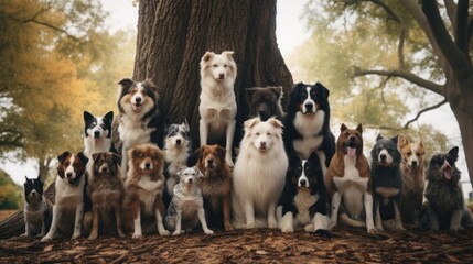 A number of well-dressed dogs stand under a large tree and look at the camera.