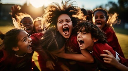 A team of cheerful children's soccer players joyfully celebrate their victory on the sports field.