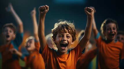 Fototapeta na wymiar A team of cheerful children's soccer players joyfully celebrate their victory on the sports field.