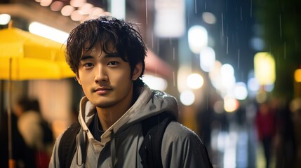 Naklejka premium A young Asian man stands looking at the camera on a rainy night.