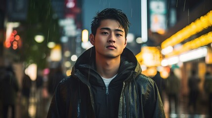 Fototapeta premium A young Asian man stands looking at the camera on a rainy night.