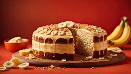 Bake banana cake on red orange background, piece of cake, cake with a candle, piece of cake with a candle, cake with chocolate, piece of cake with chocolate, birthday cake with candles