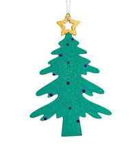 Merry Christmas and happy new year concept. Hanging wooden Christmas tree ornament on white background.  