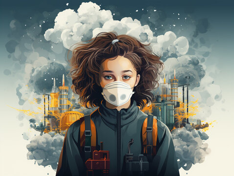 Flat illustration of air pollution from industrial areas that pollute the environment and affect the quality of life
