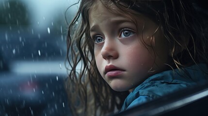 Girl crying in the car and looking out the window, wet from the rain