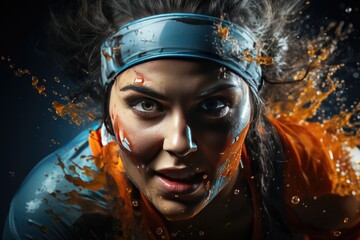 A dedicated athlete runs covered in sweat and water, competing with determination in a challenging race.