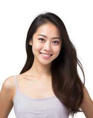 Portrait of a beautiful young Asian woman smiling. Pretty model girl isolated background