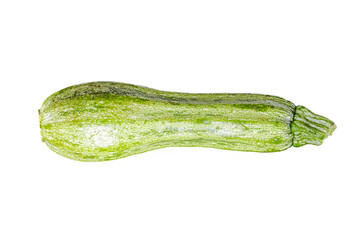 One whole zucchini isolated in white background. Macrophotograph close-up with high quality HD details image. Studio shot with flash lights and shadow.