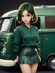 illustration, a woman in Wear comfortable clothes in dark green, short skirts. standing on retro van. ai generative